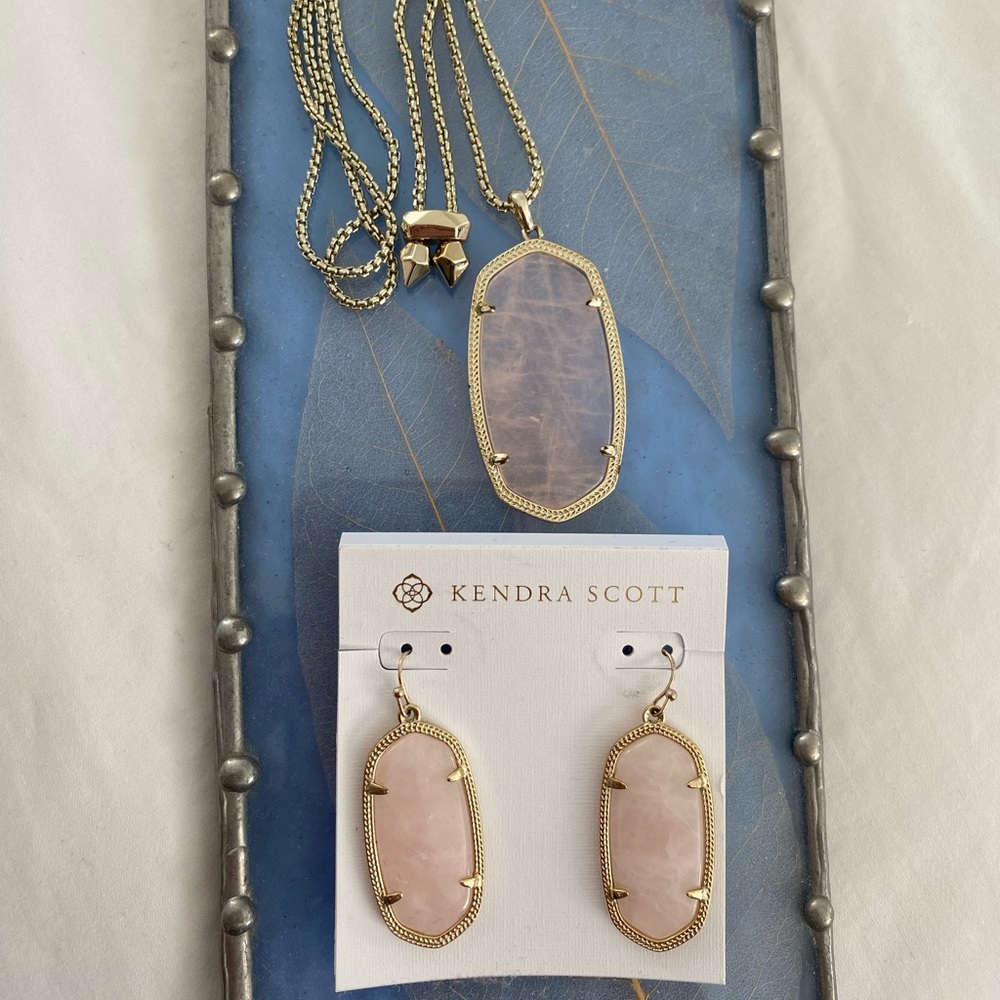 Kendra Scott gold and rose quartz set - Reid necklace and Elle earrings